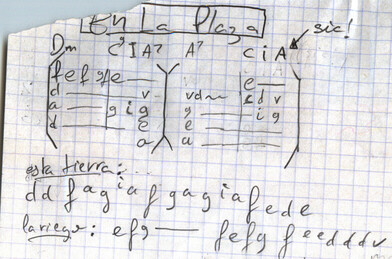 Arrangement guitare & contrechant d'EnLaPlaza noté sur papier à petits carreaux